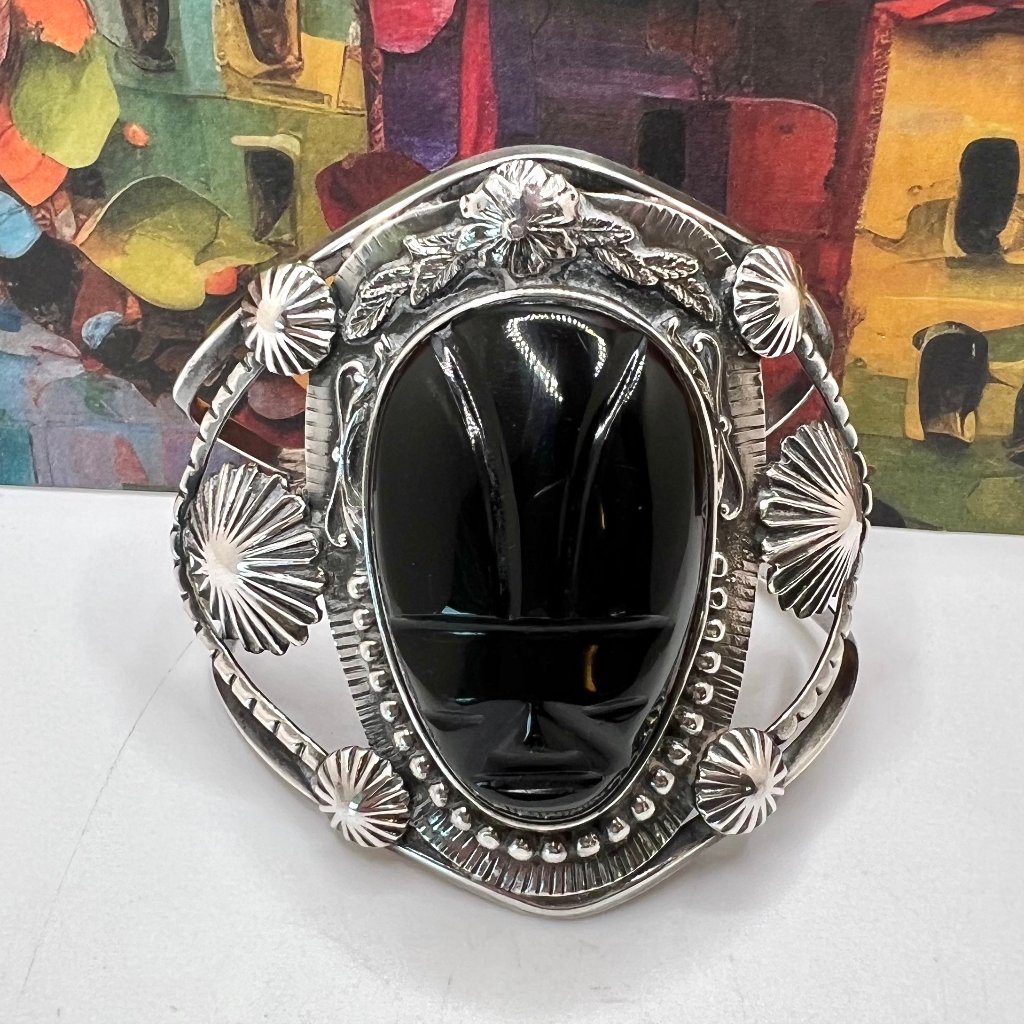 Sterling Obsidian Aztec Cuff Bracelet